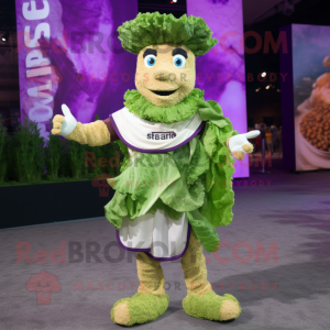 Lavender Caesar Salad mascot costume character dressed with a Coat and Anklets