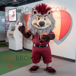 Maroon Porcupine mascot costume character dressed with a Baseball Tee and Suspenders