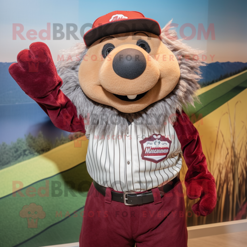 Maroon Porcupine mascot costume character dressed with a Baseball Tee and Suspenders Maroon Porcupine mascot costume character dressed with a Baseball Tee and Suspenders