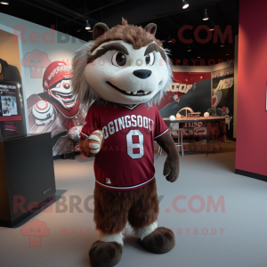 Maroon Porcupine mascot costume character dressed with a Baseball Tee and Suspenders