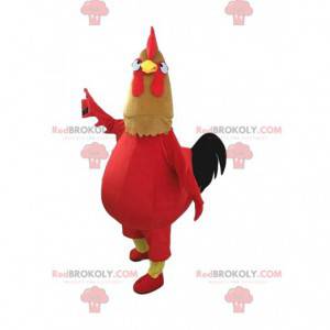 Mascota de gallo rojo, marrón y negro muy divertida -