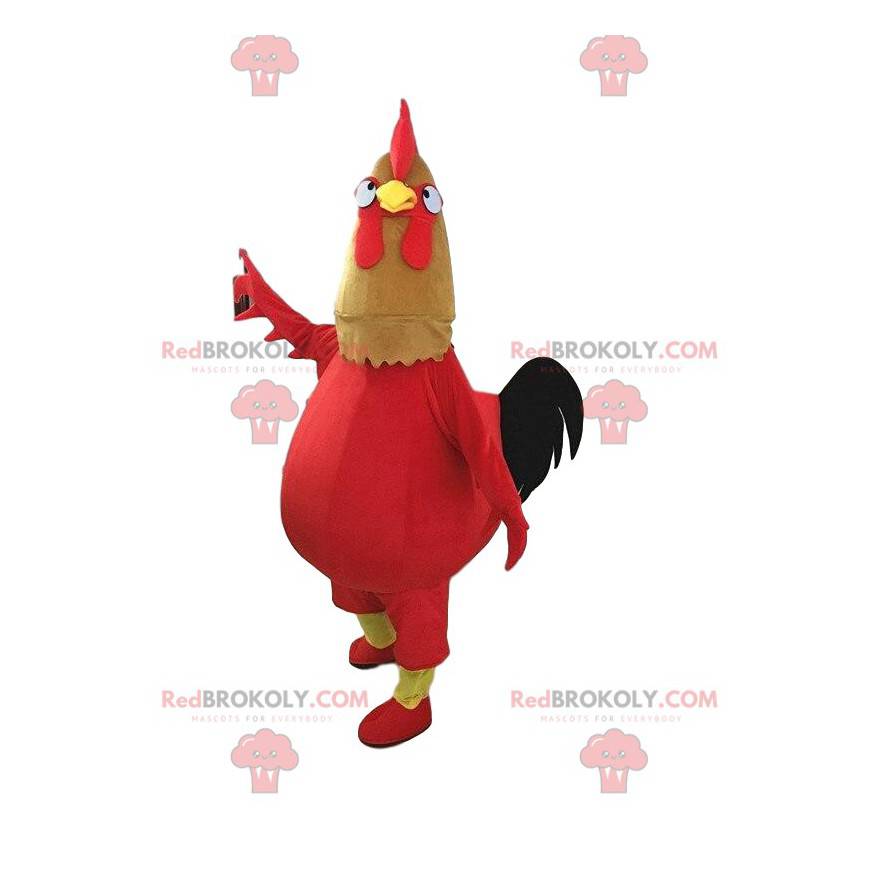 Mascota de gallo rojo, marrón y negro muy divertida -