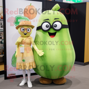 Tan Melon mascot costume character dressed with a Shift Dress and Eyeglasses