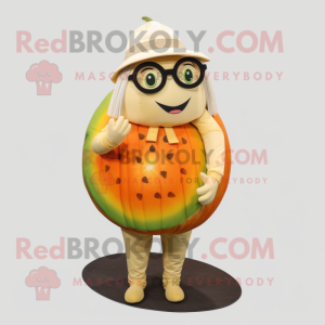 Tan Melon mascot costume character dressed with a Shift Dress and Eyeglasses