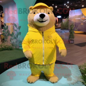 Lemon Yellow Beaver mascot costume character dressed with a Sweatshirt and Shawl pins