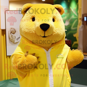 Lemon Yellow Beaver mascot costume character dressed with a Sweatshirt and Shawl pins