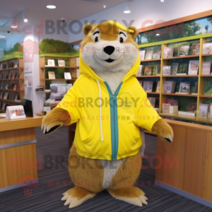Lemon Yellow Beaver mascot costume character dressed with a Sweatshirt and Shawl pins