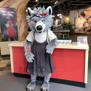 Gray Hyena mascot costume character dressed with a Maxi Skirt and Caps