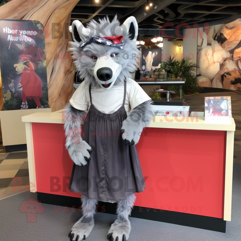 Gray Hyena mascot costume character dressed with a Maxi Skirt and Caps Gray Hyena mascot costume character dressed with a Maxi Skirt and Caps