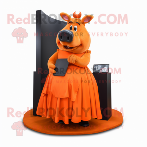 Orange Sow mascot costume character dressed with a Evening Gown and Wallets