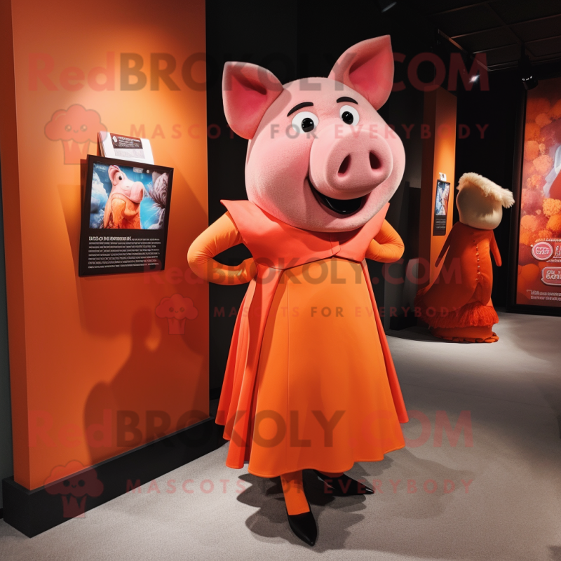 Orange Sow mascot costume character dressed with a Evening Gown and Wallets