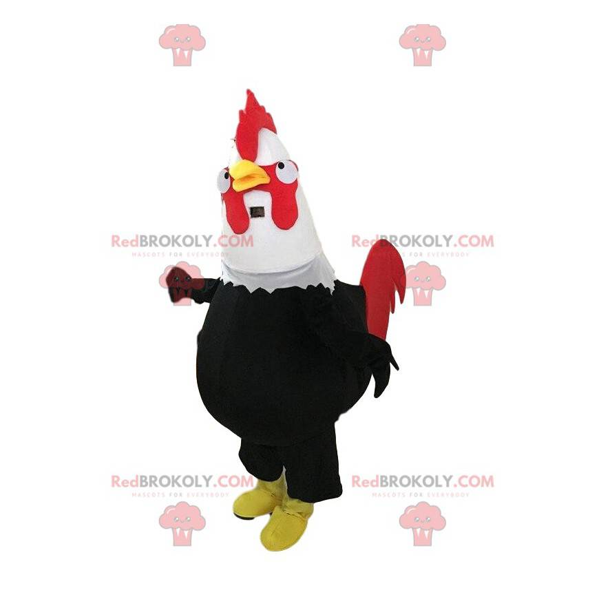 Mascotte de coq noir, rouge et blanc géant, costume de poule -