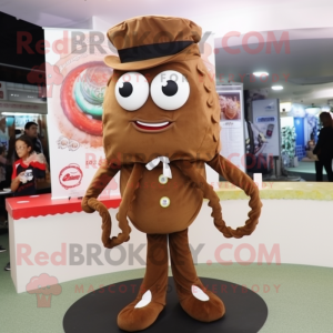 Brown Fried Calamari mascot costume character dressed with a Suit and Shoe laces