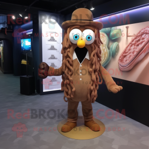 Brown Fried Calamari mascot costume character dressed with a Suit and Shoe laces