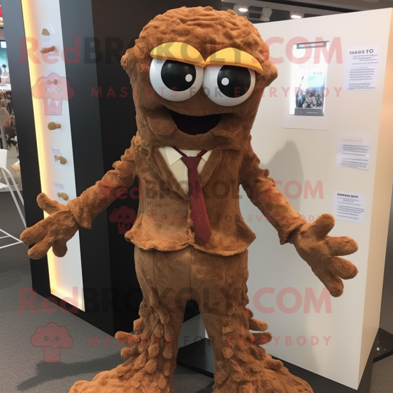 Brown Fried Calamari mascot costume character dressed with a Suit and Shoe laces