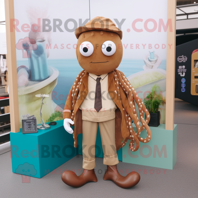 Brown Fried Calamari mascot costume character dressed with a Suit and Shoe laces Brown Fried Calamari mascot costume character dressed with a Suit and Shoe laces