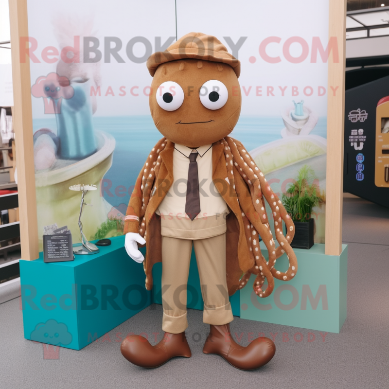 Brown Fried Calamari mascot costume character dressed with a Suit and Shoe laces