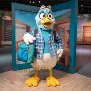 Teal Seagull mascot costume character dressed with a Flannel Shirt and Handbags