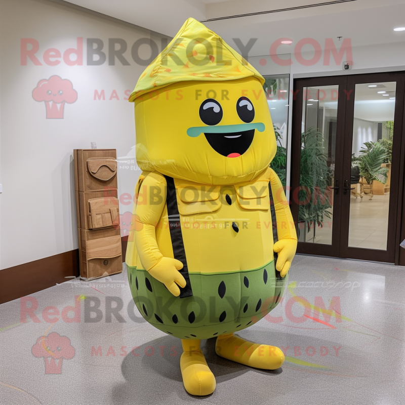 Yellow Watermelon mascot costume character dressed with a Cargo Pants and Foot pads Yellow Watermelon mascot costume character dressed with a Cargo Pants and Foot pads