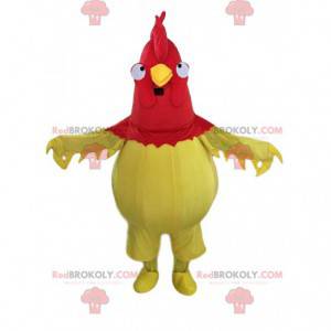 Mascot gallo amarillo y rojo, traje de gallina gigante
