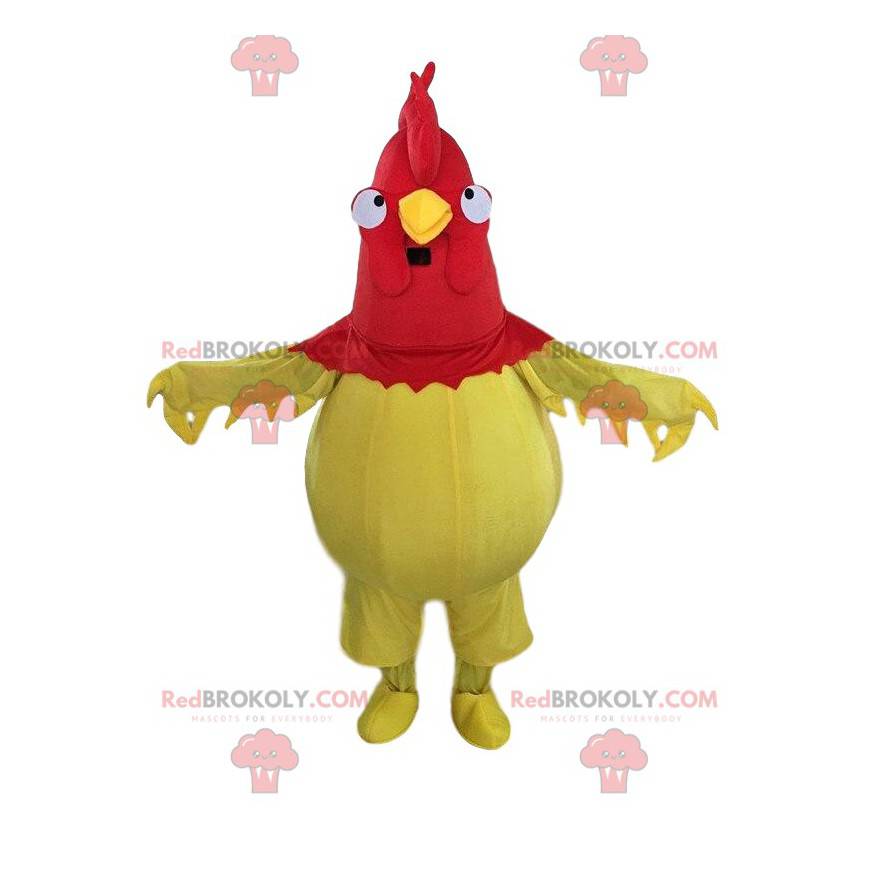 Mascote de galo amarelo e vermelho, fantasia de galinha