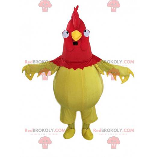 Mascote de galo amarelo e vermelho, fantasia de galinha
