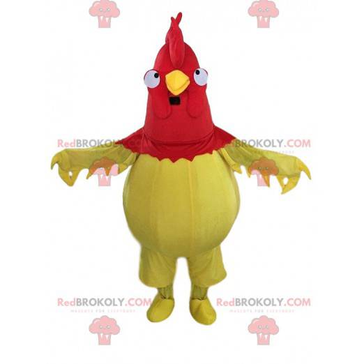 Mascotte de coq jaune et rouge, costume de poule géante