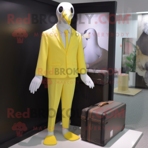 Lemon Yellow Albatross mascot costume character dressed with a Trousers and Briefcases