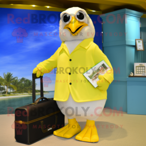 Lemon Yellow Albatross mascot costume character dressed with a Trousers and Briefcases