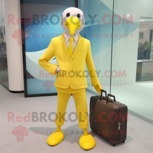 Lemon Yellow Albatross mascot costume character dressed with a Trousers and Briefcases