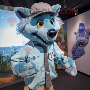 Cyan Hyena mascot costume character dressed with a Button-Up Shirt and Berets