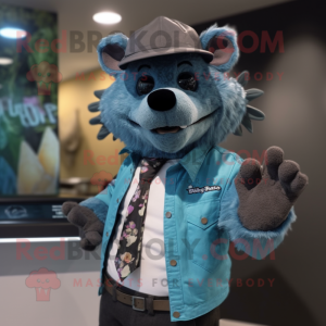 Cyan Hyena mascot costume character dressed with a Button-Up Shirt and Berets