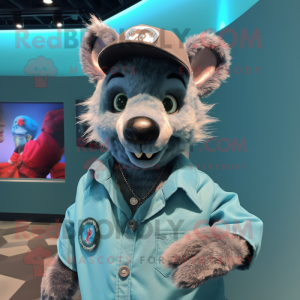 Cyan Hyena mascot costume character dressed with a Button-Up Shirt and Berets