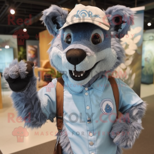 Cyan Hyena mascot costume character dressed with a Button-Up Shirt and Berets