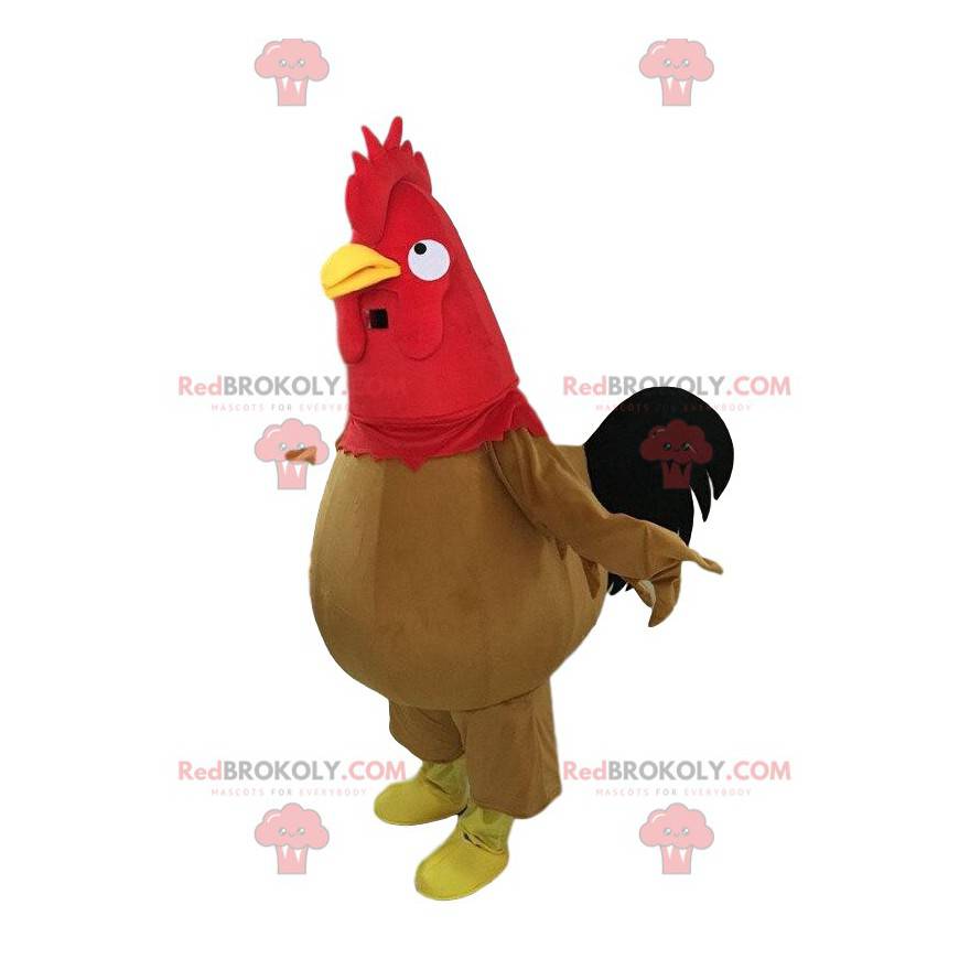 Mascota de gallo marrón, negro y rojo, disfraz de gallina