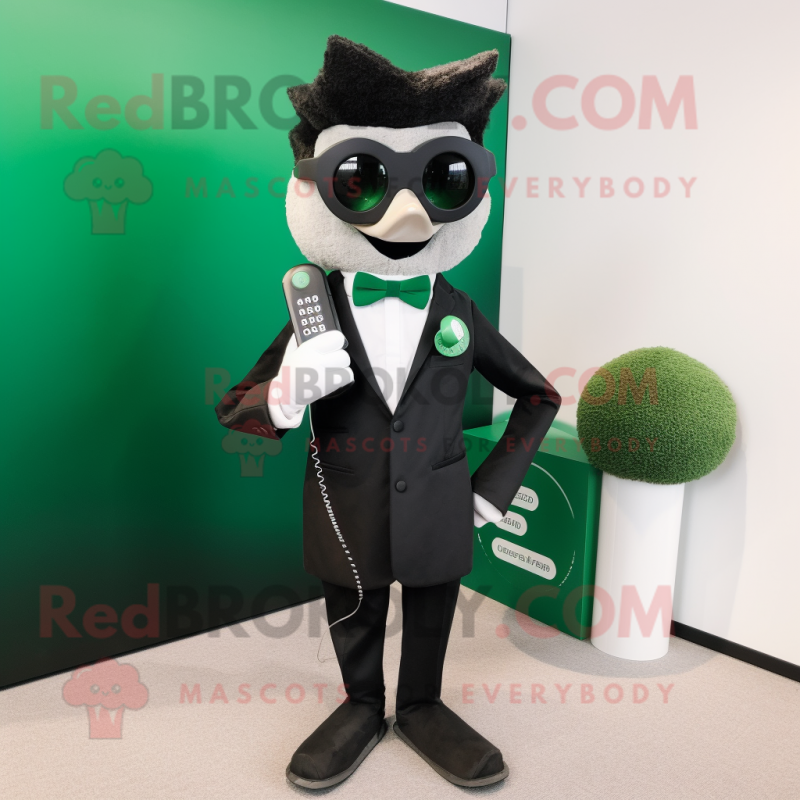 Forest Green Phone mascot costume character dressed with a Tuxedo and Sunglasses Forest Green Phone mascot costume character dressed with a Tuxedo and Sunglasses
