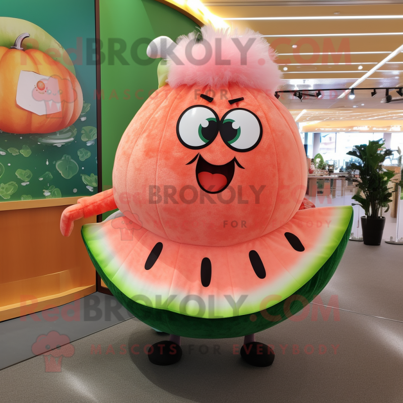 Peach Watermelon mascot costume character dressed with a Culottes and Rings