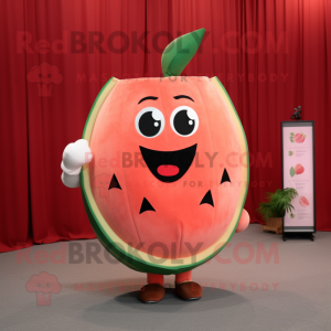 Peach Watermelon mascot costume character dressed with a Culottes and Rings
