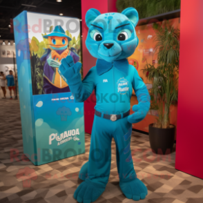 Turquoise Puma mascot costume character dressed with a Graphic Tee and Pocket squares