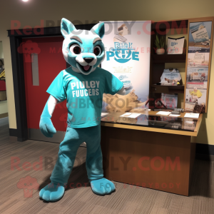 Turquoise Puma mascot costume character dressed with a Graphic Tee and Pocket squares