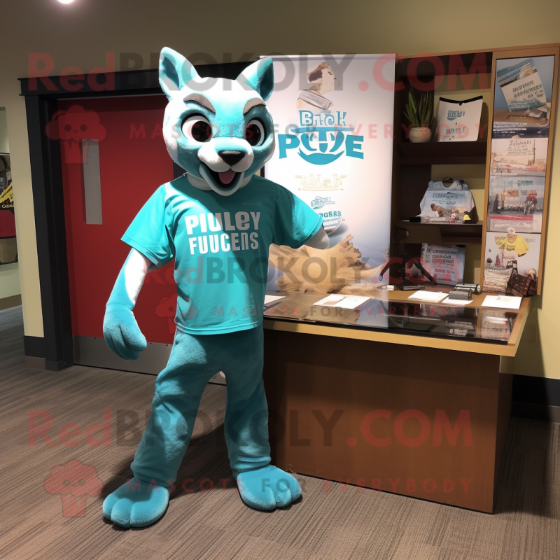 Turquoise Puma mascot costume character dressed with a Graphic Tee and Pocket squares Turquoise Puma mascot costume character dressed with a Graphic Tee and Pocket squares