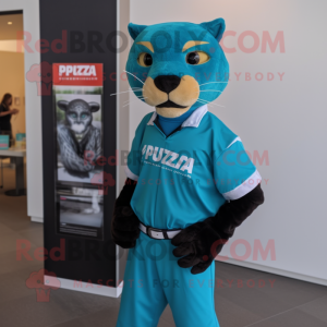 Turquoise Puma mascot costume character dressed with a Graphic Tee and Pocket squares