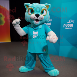 Turquoise Puma mascot costume character dressed with a Graphic Tee and Pocket squares