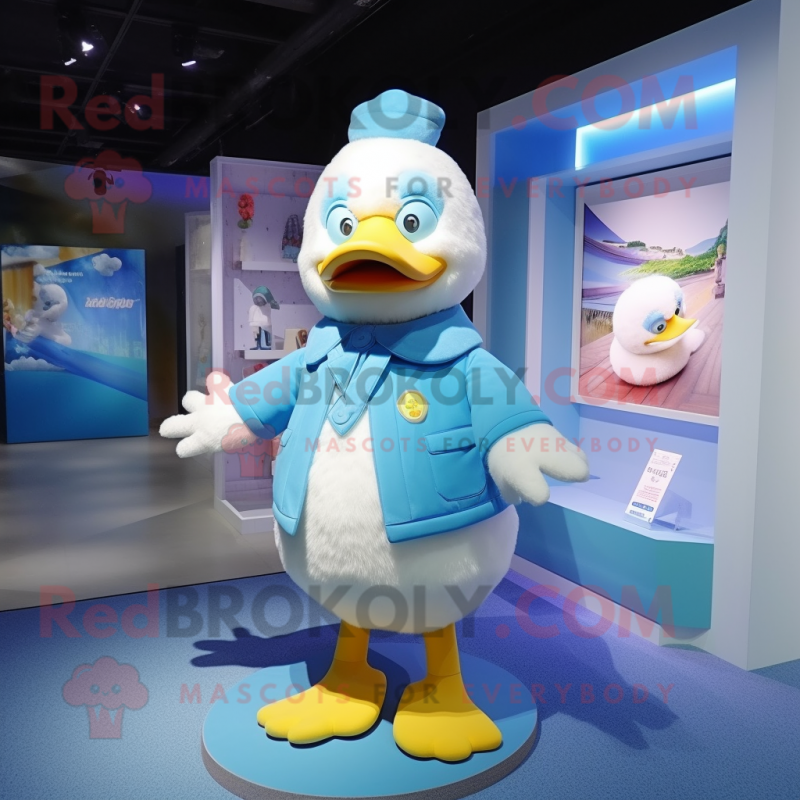 Sky Blue Duck mascot costume character dressed with a Cardigan and Brooches