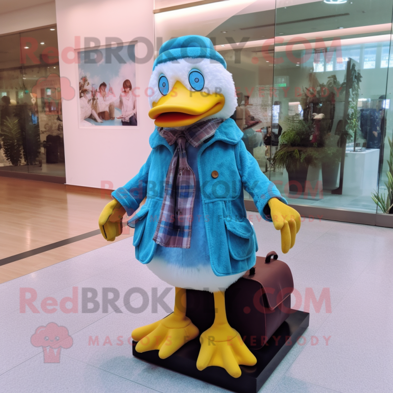 Sky Blue Duck mascot costume character dressed with a Cardigan and Brooches