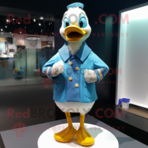 Sky Blue Duck mascot costume character dressed with a Cardigan and Brooches