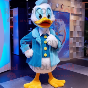 Sky Blue Duck mascot costume character dressed with a Cardigan and Brooches