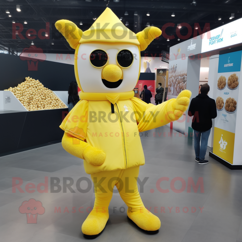 Yellow Pop Corn mascot costume character dressed with a Windbreaker and Earrings Yellow Pop Corn mascot costume character dressed with a Windbreaker and Earrings
