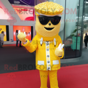 Yellow Pop Corn mascot costume character dressed with a Windbreaker and Earrings