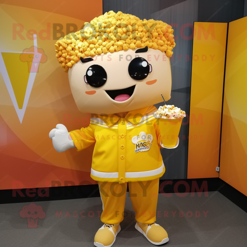 Yellow Pop Corn mascot costume character dressed with a Windbreaker and Earrings